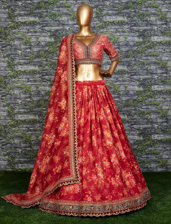 Maroon Floral Printed Organza Bridal Lehenga Choli ClothsVilla