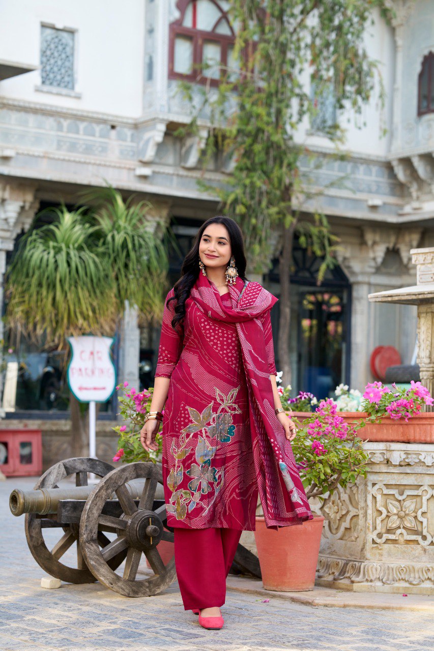 Maroon Floral Roman Silk Salwar Suit – Beads & Blooms Handcrafted Perfection Main image