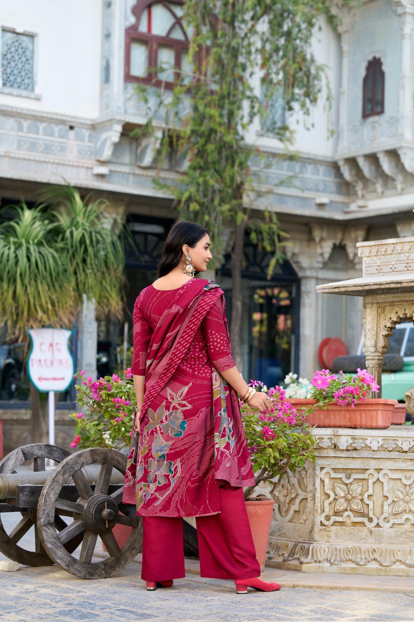Maroon Floral Roman Silk Salwar Suit – Beads & Blooms Handcrafted Perfection