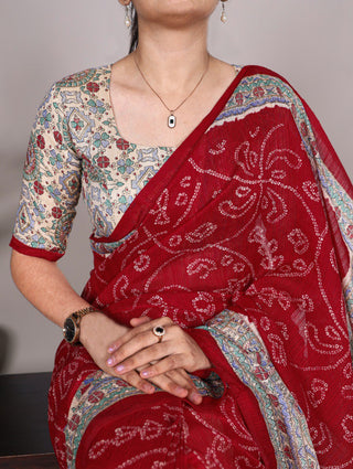 Maroon Fusion of Madhubani and Bandhej Green Silk Saree with Unstitched Blouse