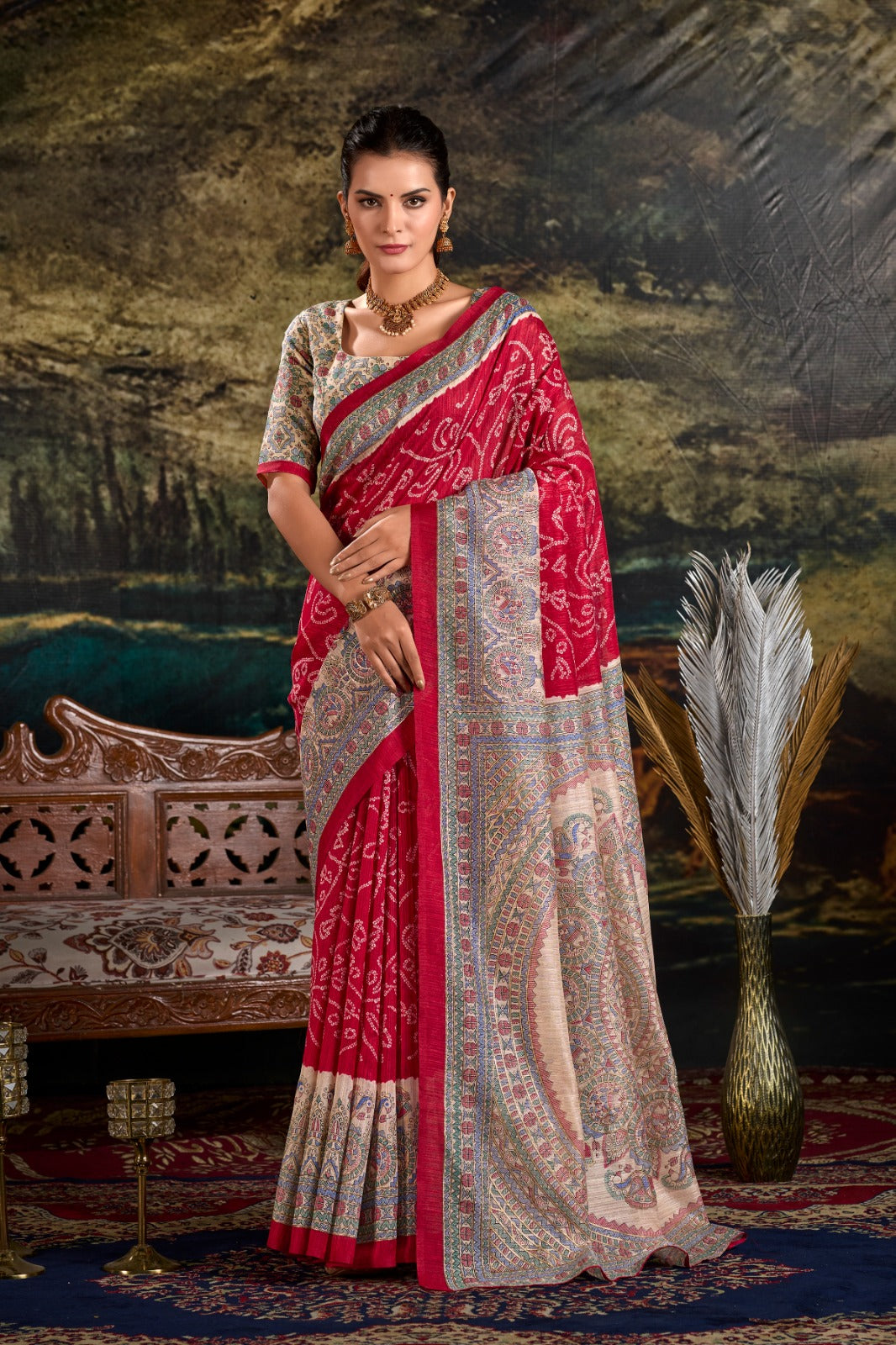 Maroon Fusion of Madhubani and Bandhej Green Silk Saree with Unstitched Blouse ClothsVilla Main image