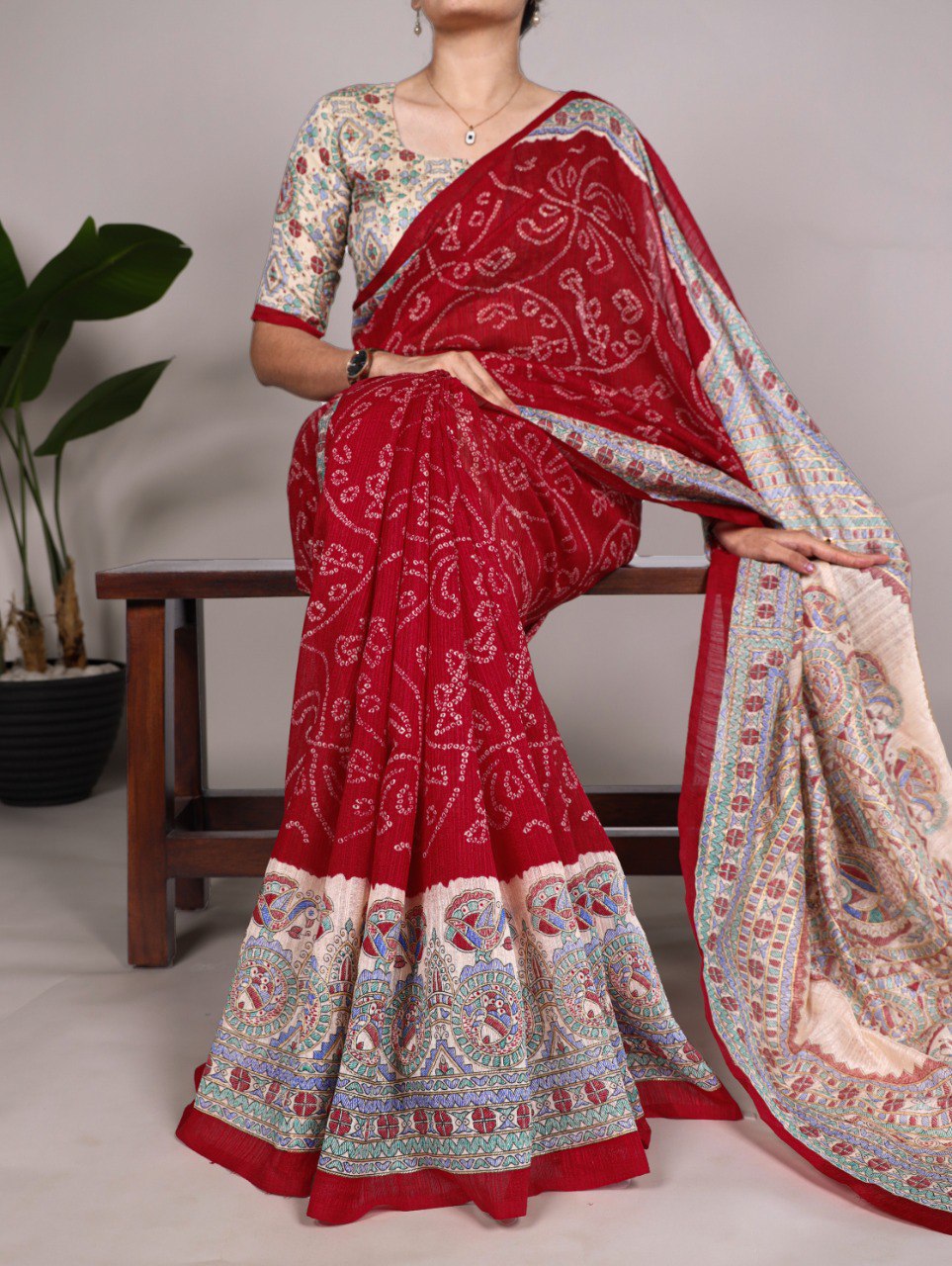 Maroon Fusion of Madhubani and Bandhej Green Silk Saree with Unstitched Blouse ClothsVilla