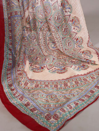Maroon Fusion of Madhubani and Bandhej Green Silk Saree with Unstitched Blouse