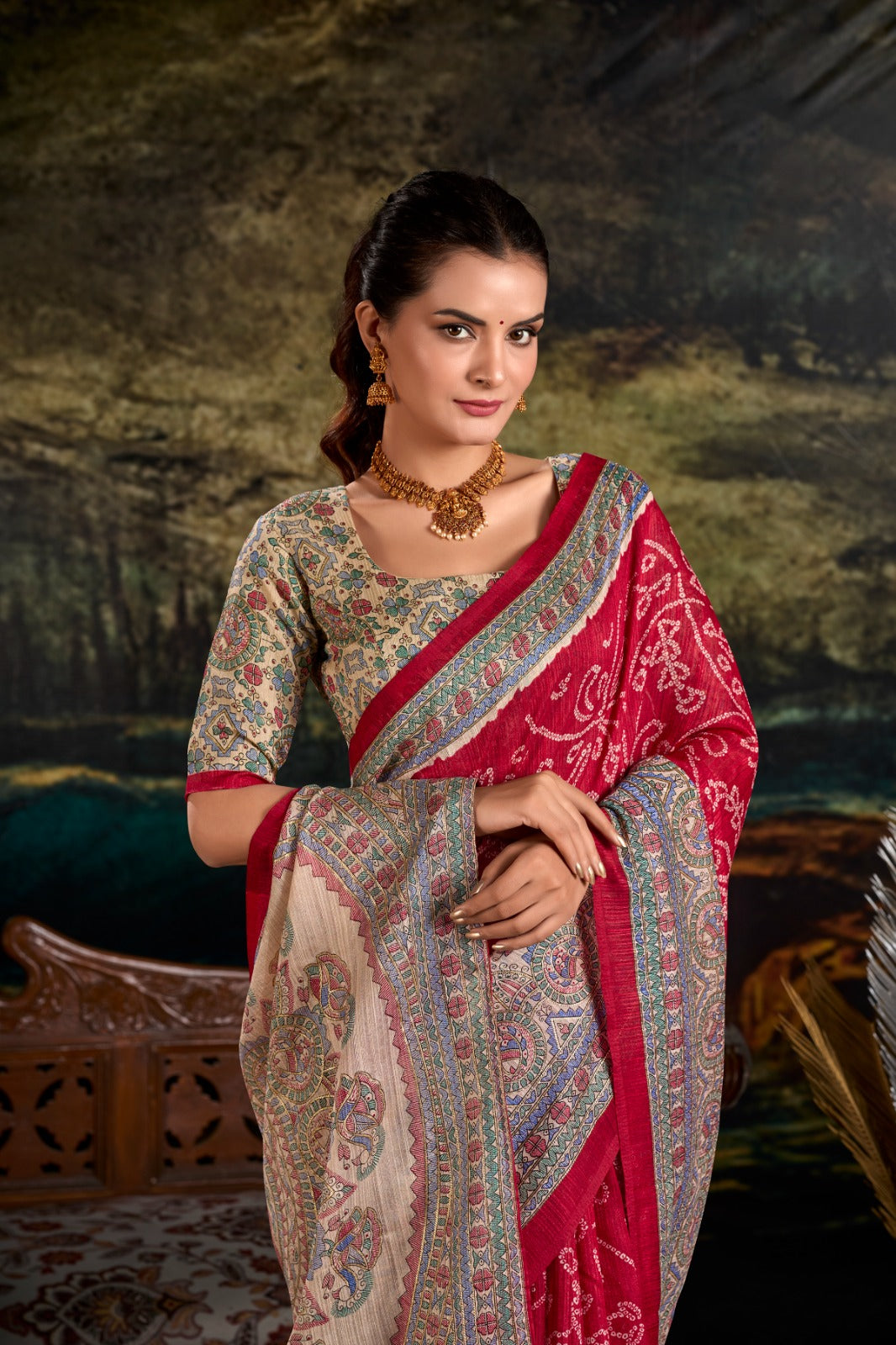 Maroon Fusion of Madhubani and Bandhej Green Silk Saree with Unstitched Blouse ClothsVilla
