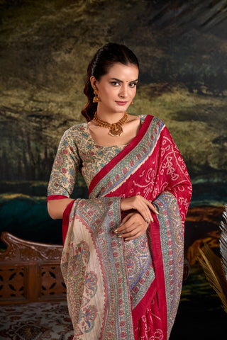 Maroon Fusion of Madhubani and Bandhej Green Silk Saree with Unstitched Blouse ClothsVilla