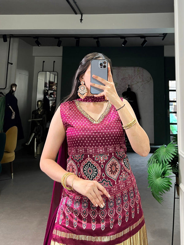 Maroon Gaji Silk Printed & Handwork Kurti Set with Georgette Plazo and Dupatta – Fully Stitched ClothsVilla