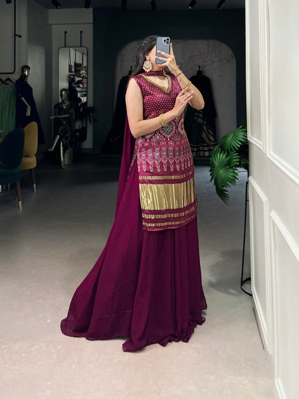 Maroon Gaji Silk Printed & Handwork Kurti Set with Georgette Plazo and Dupatta – Fully Stitched ClothsVilla