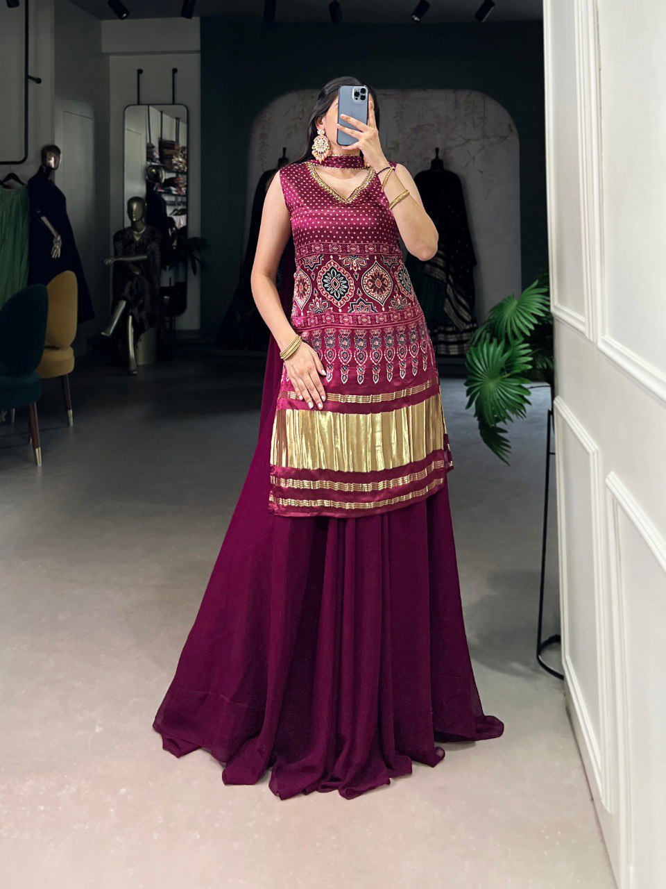 Maroon Gaji Silk Printed & Handwork Kurti Set with Georgette Plazo and Dupatta – Fully Stitched ClothsVilla