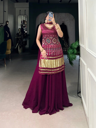 Maroon Gaji Silk Printed & Handwork Kurti Set with Georgette Plazo and Dupatta – Fully Stitched ClothsVilla