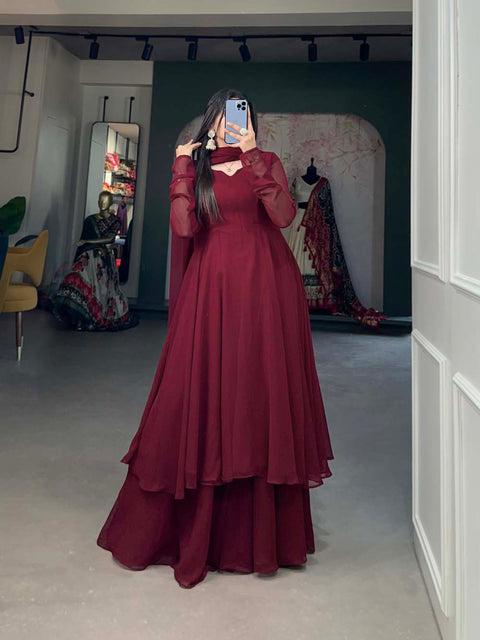 Alluring Maroon Georgette Kurti Palazzo Set with Dupatta - Modern Indian Chic - Set of 3 ClothsVilla Main image