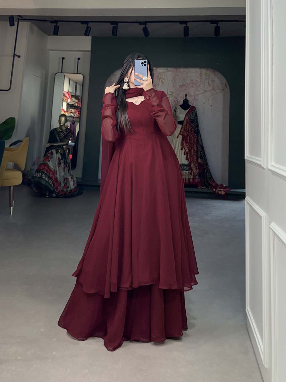 Alluring Maroon Georgette Kurti Palazzo Set with Dupatta - Modern Indian Chic - Set of 3 ClothsVilla