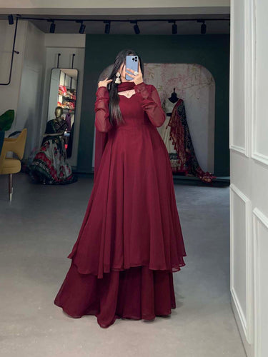 Alluring Maroon Georgette Kurti Palazzo Set with Dupatta - Modern Indian Chic - Set of 3 ClothsVilla