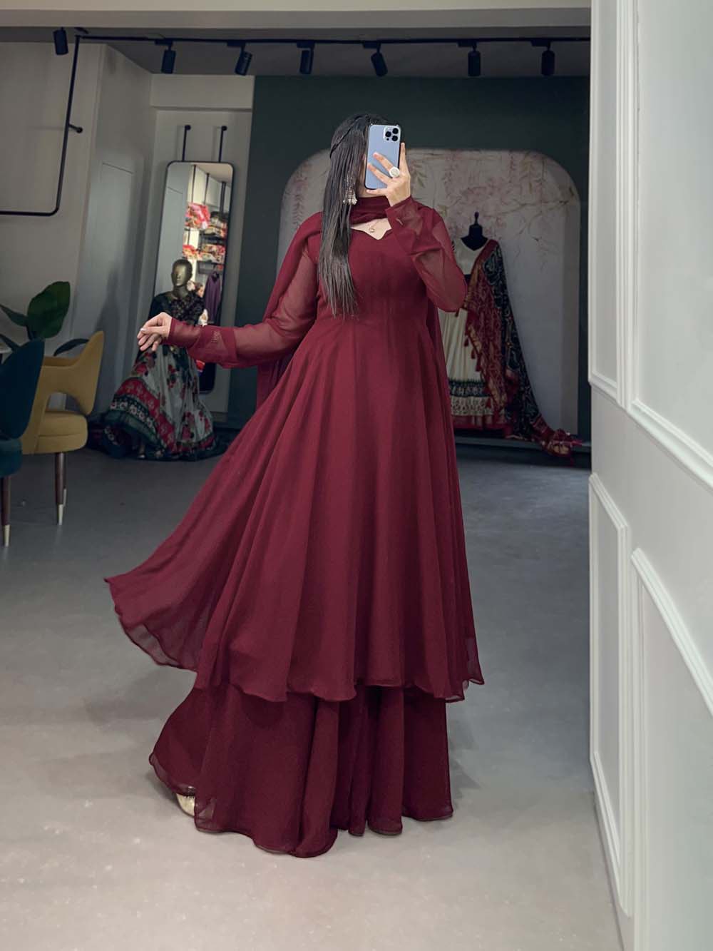 Alluring Maroon Georgette Kurti Palazzo Set with Dupatta - Modern Indian Chic - Set of 3 ClothsVilla