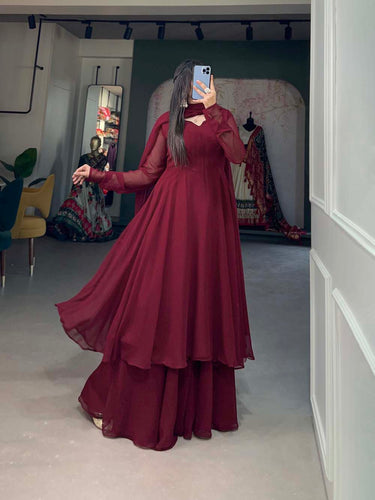 Alluring Maroon Georgette Kurti Palazzo Set with Dupatta - Modern Indian Chic - Set of 3 ClothsVilla