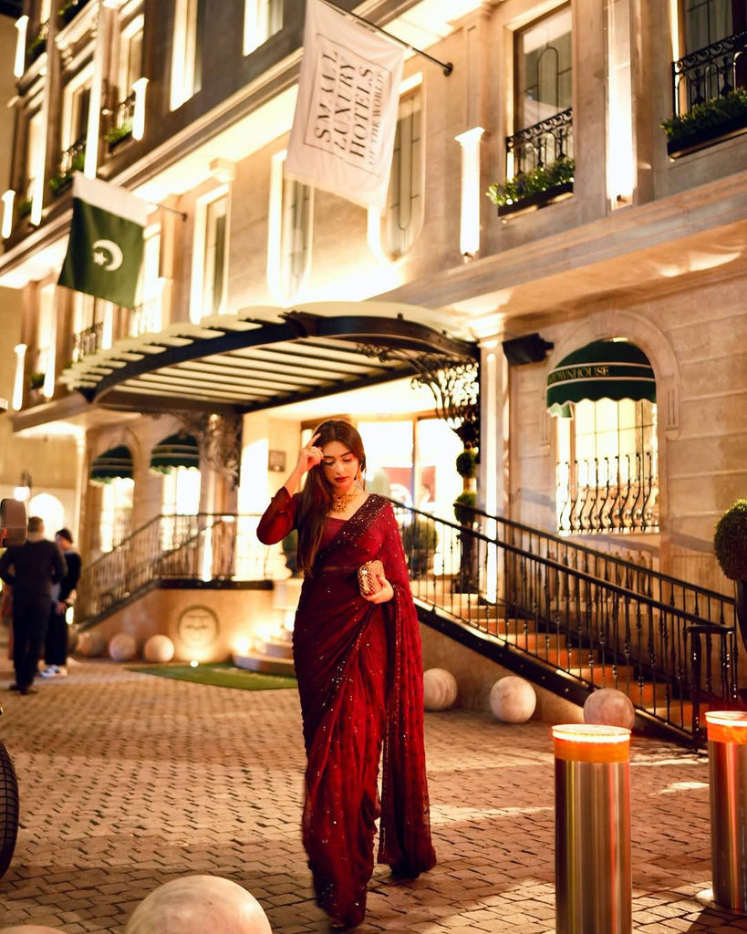Maroon Georgette Sequins Work Saree with Matching Unstitched Georgette Blouse – Premium Party & Festive Wear ClothsVilla