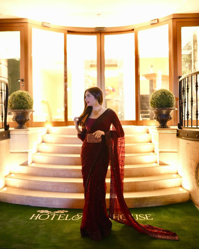 Maroon Georgette Sequins Work Saree with Matching Unstitched Georgette Blouse – Premium Party & Festive Wear ClothsVilla