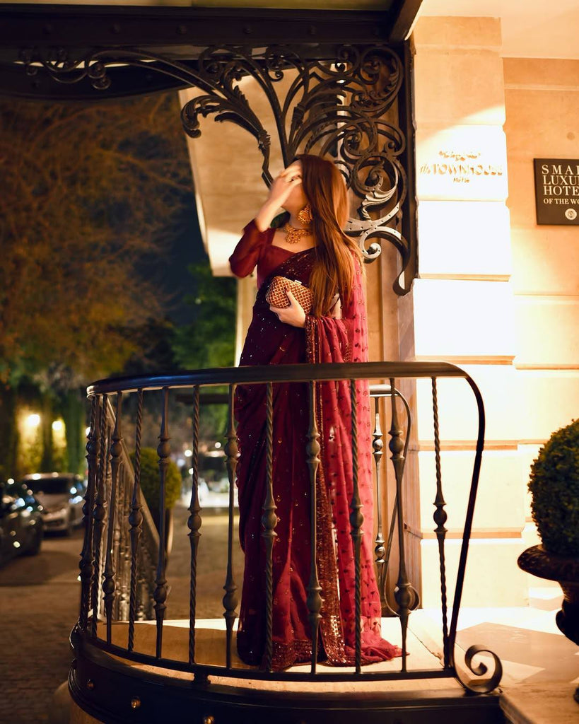 Maroon Georgette Sequins Work Saree with Matching Unstitched Georgette Blouse – Premium Party & Festive Wear ClothsVilla