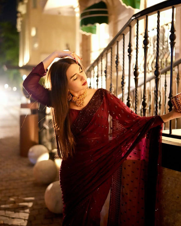 Maroon Georgette Sequins Work Saree with Matching Unstitched Georgette Blouse – Premium Party & Festive Wear ClothsVilla