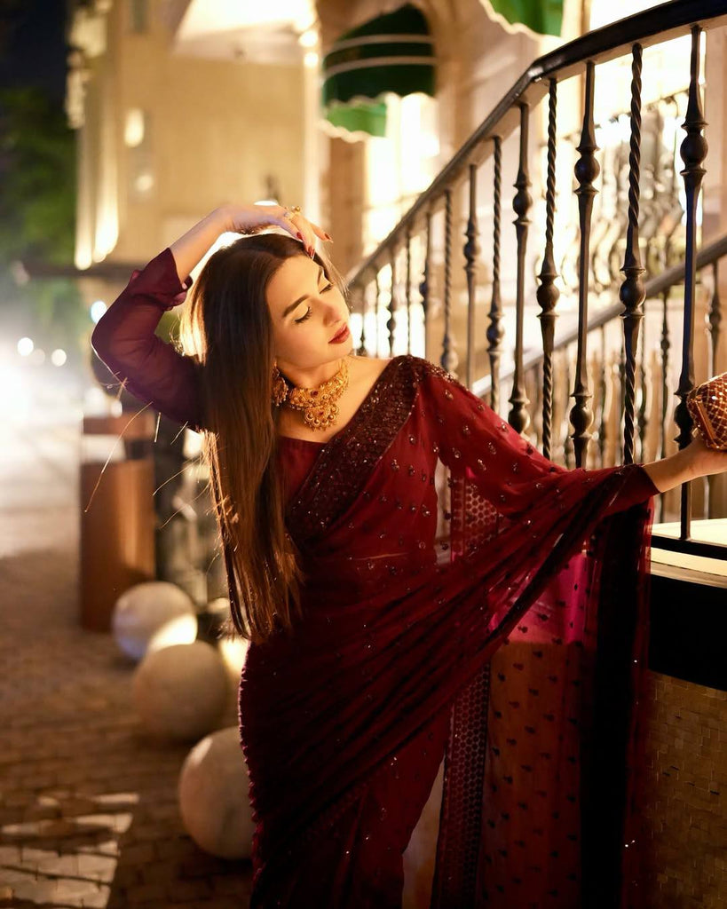 Maroon Georgette Sequins Work Saree with Matching Unstitched Georgette Blouse – Premium Party & Festive Wear ClothsVilla