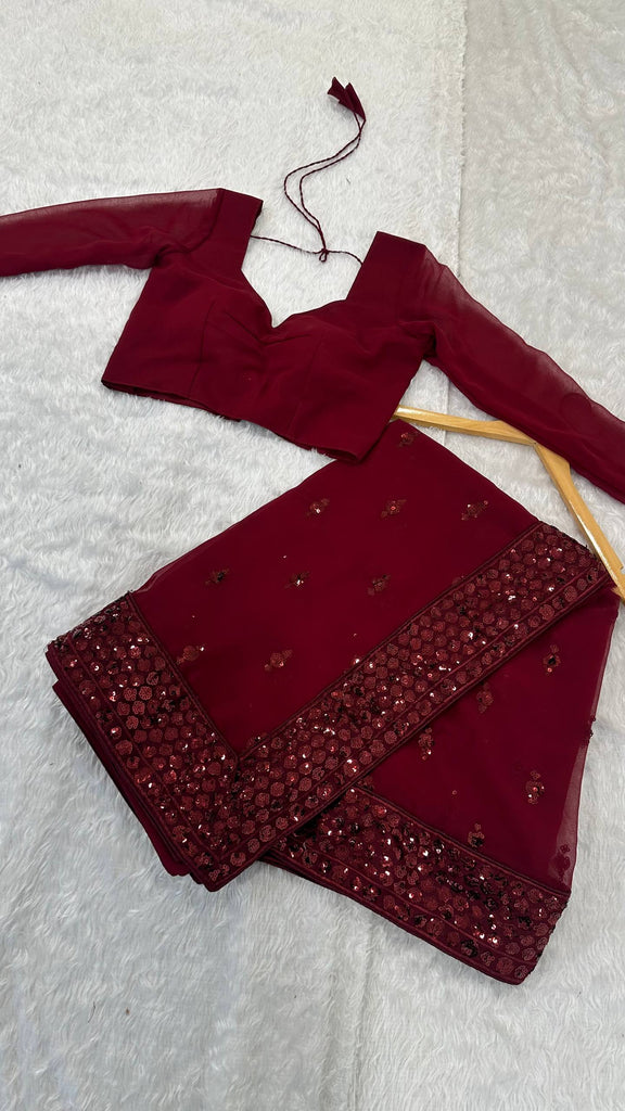 Maroon Georgette Sequins Work Saree with Matching Unstitched Georgette Blouse – Premium Party & Festive Wear ClothsVilla