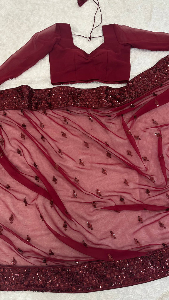 Maroon Georgette Sequins Work Saree with Matching Unstitched Georgette Blouse – Premium Party & Festive Wear ClothsVilla