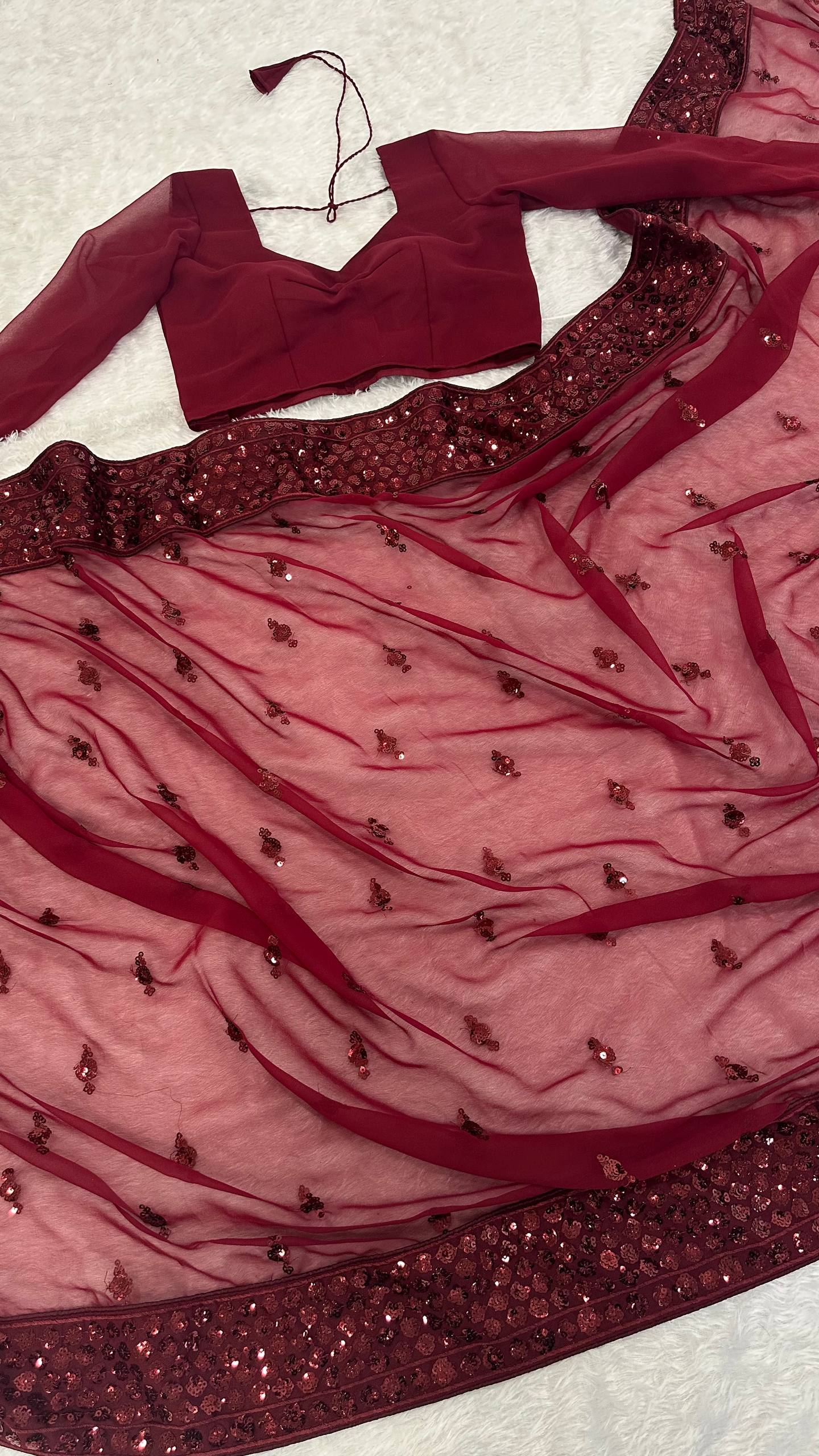 Maroon Georgette Sequins Work Saree with Matching Unstitched Georgette Blouse – Premium Party & Festive Wear ClothsVilla