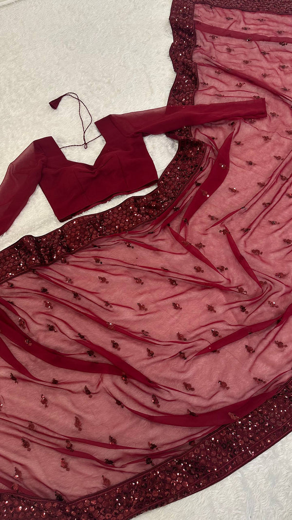 Maroon Georgette Sequins Work Saree with Matching Unstitched Georgette Blouse – Premium Party & Festive Wear ClothsVilla
