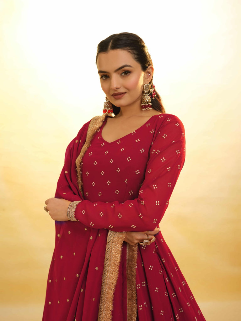 Maroon Georgette Suit with Embroidery and Shantoon Bottom ClothsVilla