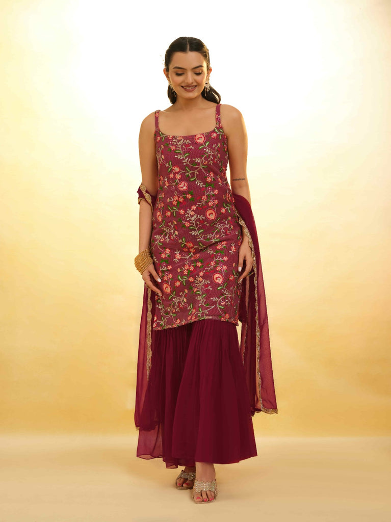 Maroon Georgette Suit with Embroidery and Shantoon Bottom ClothsVilla