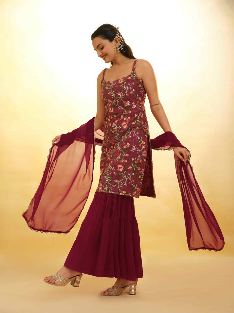 Maroon Georgette Suit with Embroidery and Shantoon Bottom ClothsVilla