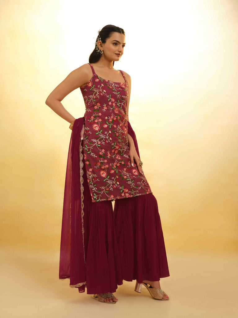 Maroon Georgette Suit with Embroidery and Shantoon Bottom ClothsVilla