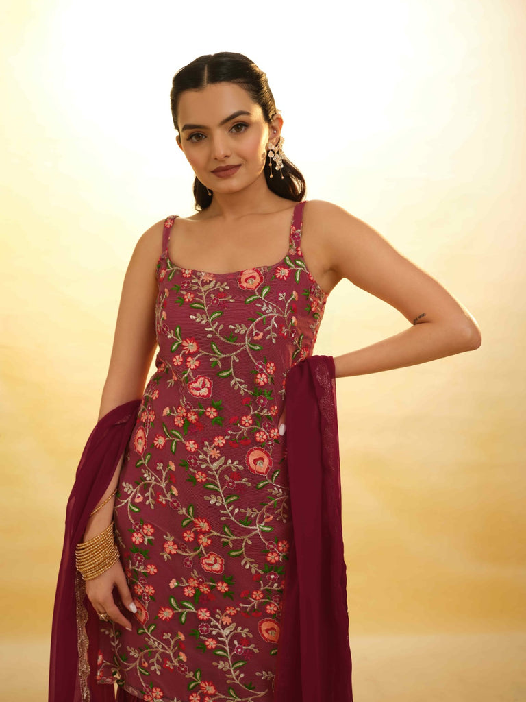 Maroon Georgette Suit with Embroidery and Shantoon Bottom ClothsVilla