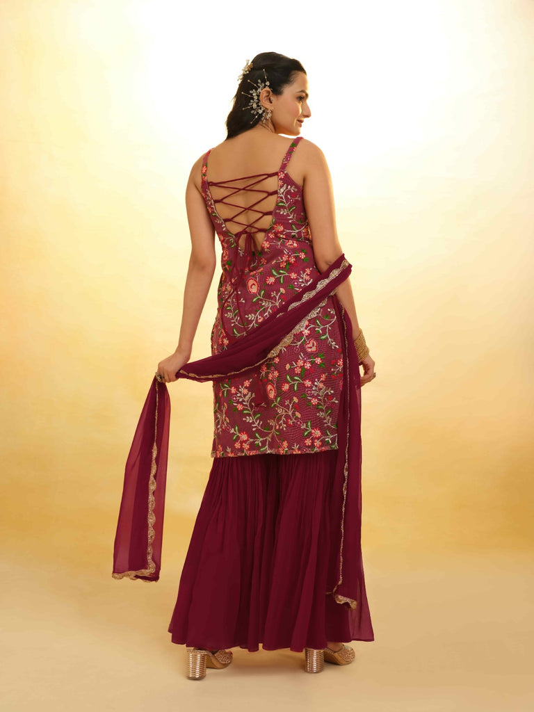 Maroon Georgette Suit with Embroidery and Shantoon Bottom ClothsVilla