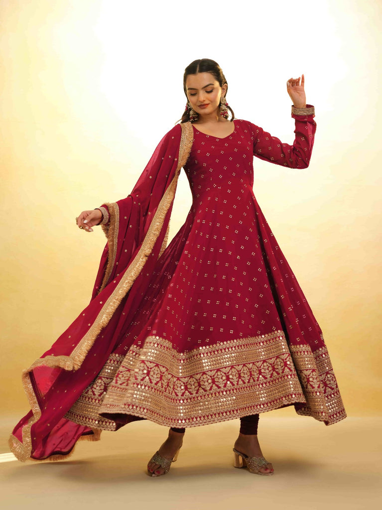 Maroon Georgette Suit with Embroidery and Shantoon Bottom ClothsVilla