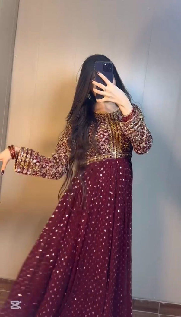 Maroon Glamorous Faux Georgette Gown with Embroidered Dupatta ClothsVilla