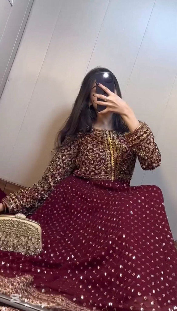 Maroon Glamorous Faux Georgette Gown with Embroidered Dupatta ClothsVilla