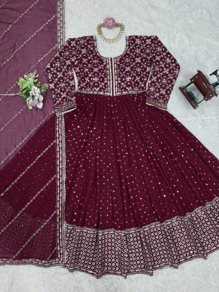 Maroon Glamorous Faux Georgette Gown with Embroidered Dupatta ClothsVilla