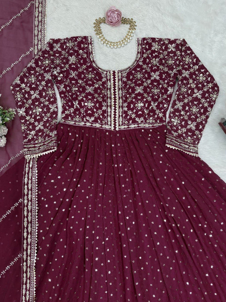 Maroon Glamorous Faux Georgette Gown with Embroidered Dupatta ClothsVilla