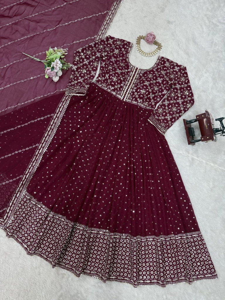 Maroon Glamorous Faux Georgette Gown with Embroidered Dupatta ClothsVilla