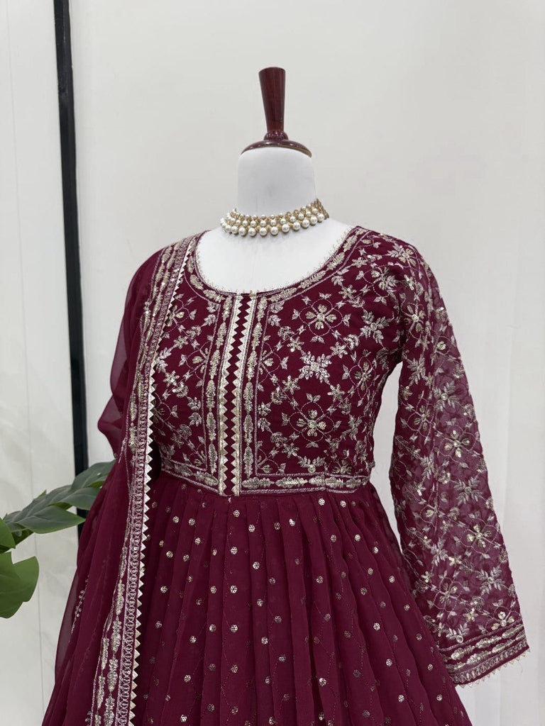 Maroon Glamorous Faux Georgette Gown with Embroidered Dupatta ClothsVilla