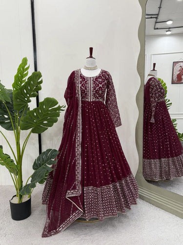 Maroon Glamorous Faux Georgette Gown with Embroidered Dupatta ClothsVilla