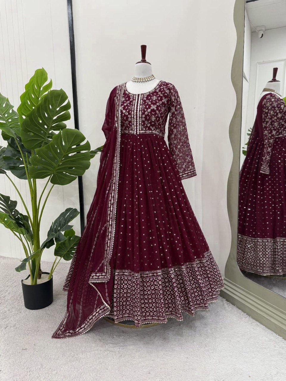 Maroon Glamorous Faux Georgette Gown with Embroidered Dupatta ClothsVilla Main image