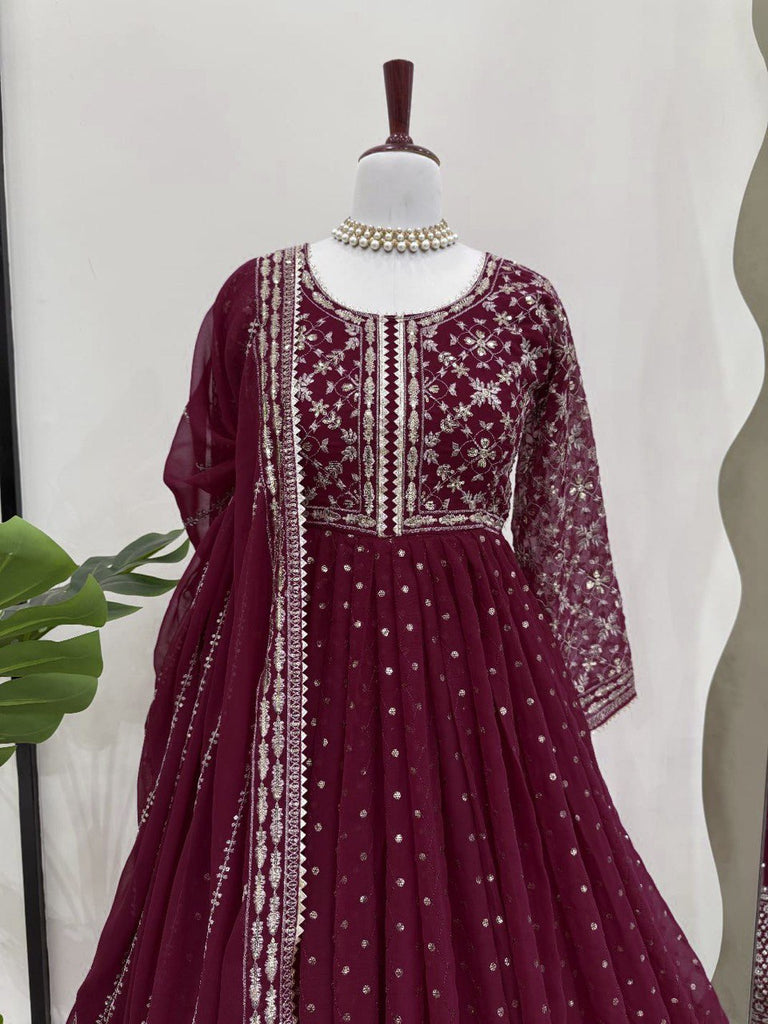 Maroon Glamorous Faux Georgette Gown with Embroidered Dupatta ClothsVilla