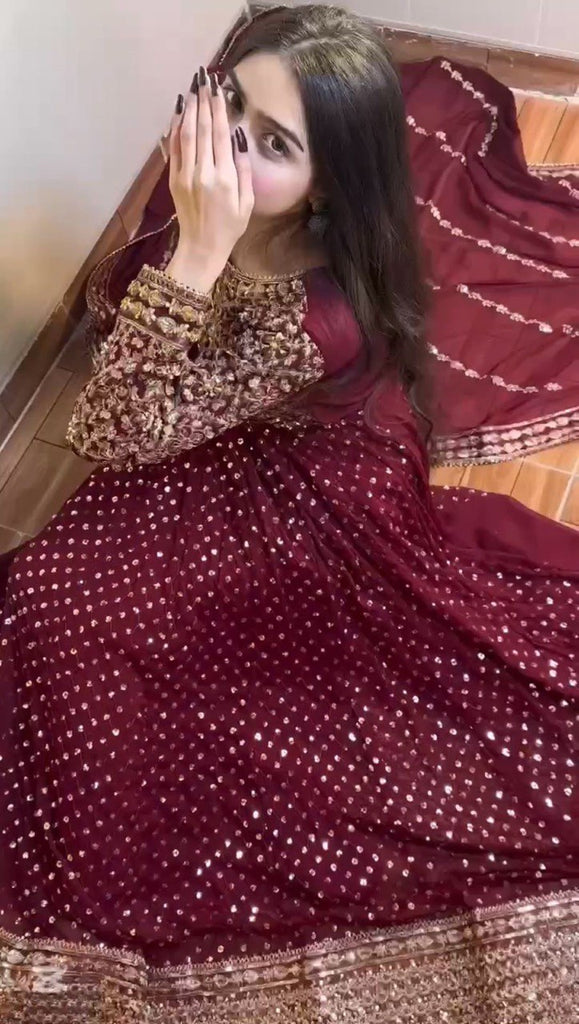 Maroon Glamorous Faux Georgette Gown with Embroidered Dupatta ClothsVilla