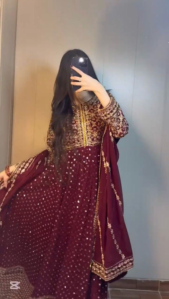Maroon Glamorous Faux Georgette Gown with Embroidered Dupatta ClothsVilla