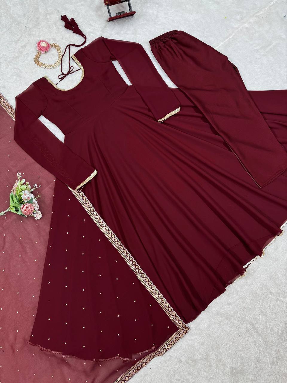 Maroon Glamorous Faux Georgette Gown with Sequined Lace Border & Dupatta ClothsVilla