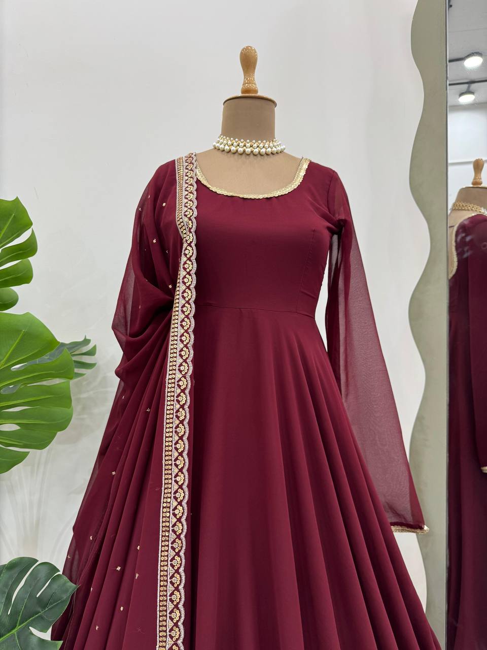 Maroon Glamorous Faux Georgette Gown with Sequined Lace Border & Dupatta ClothsVilla