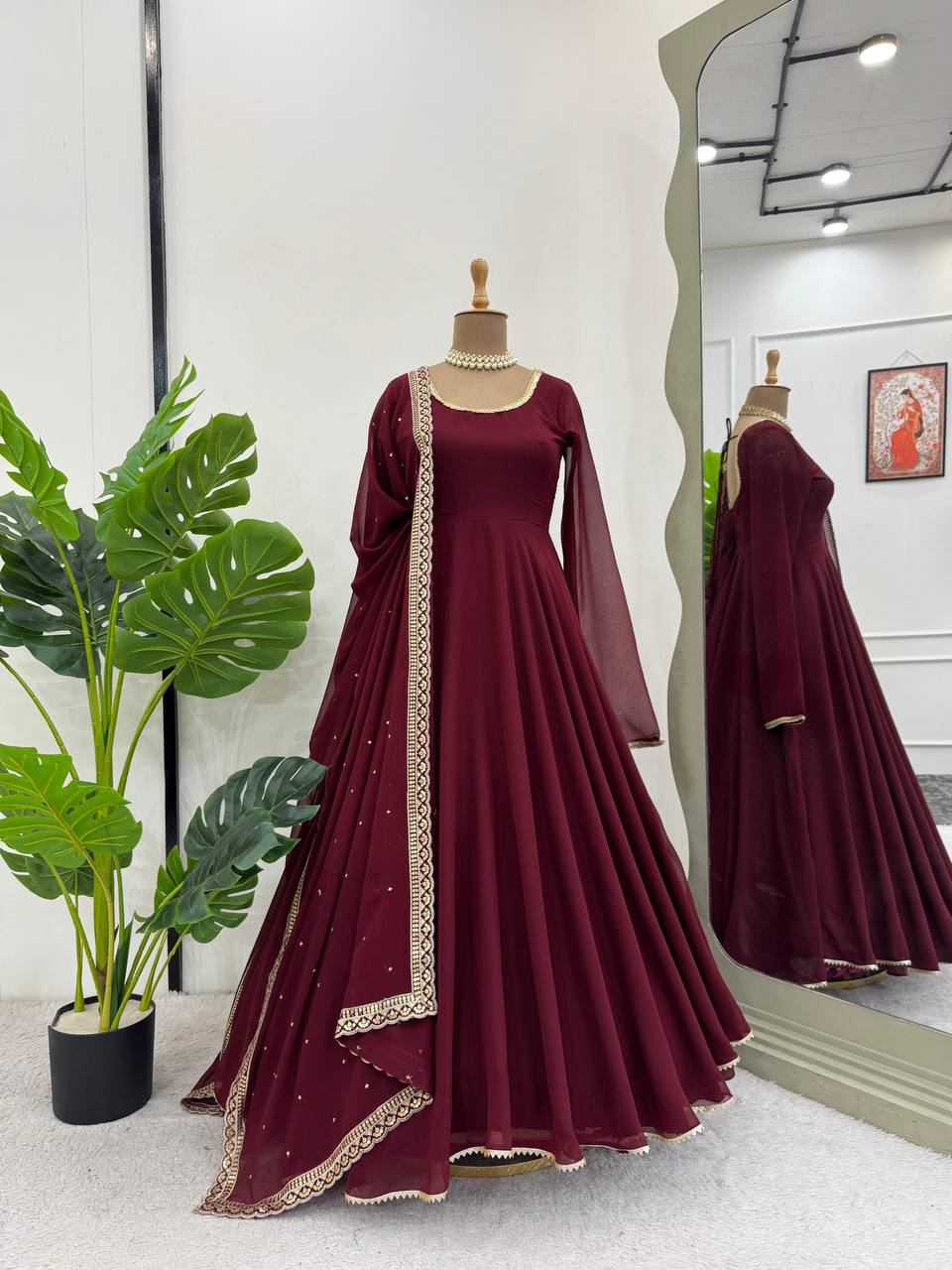 Maroon Glamorous Faux Georgette Gown with Sequined Lace Border & Dupatta ClothsVilla