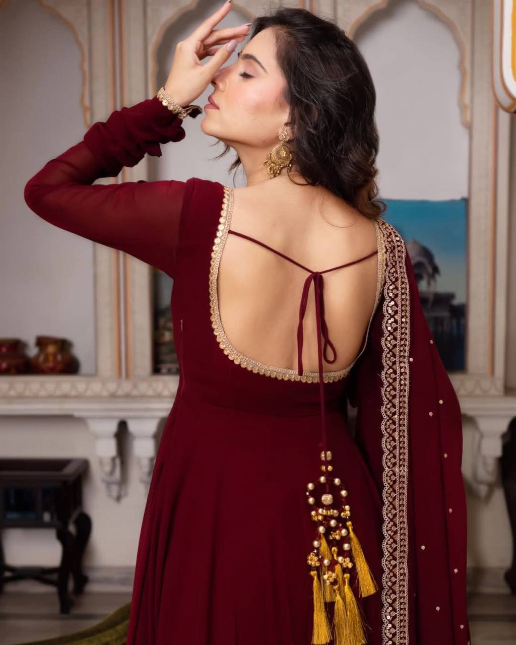 Maroon Glamorous Faux Georgette Gown with Sequined Lace Border & Dupatta ClothsVilla