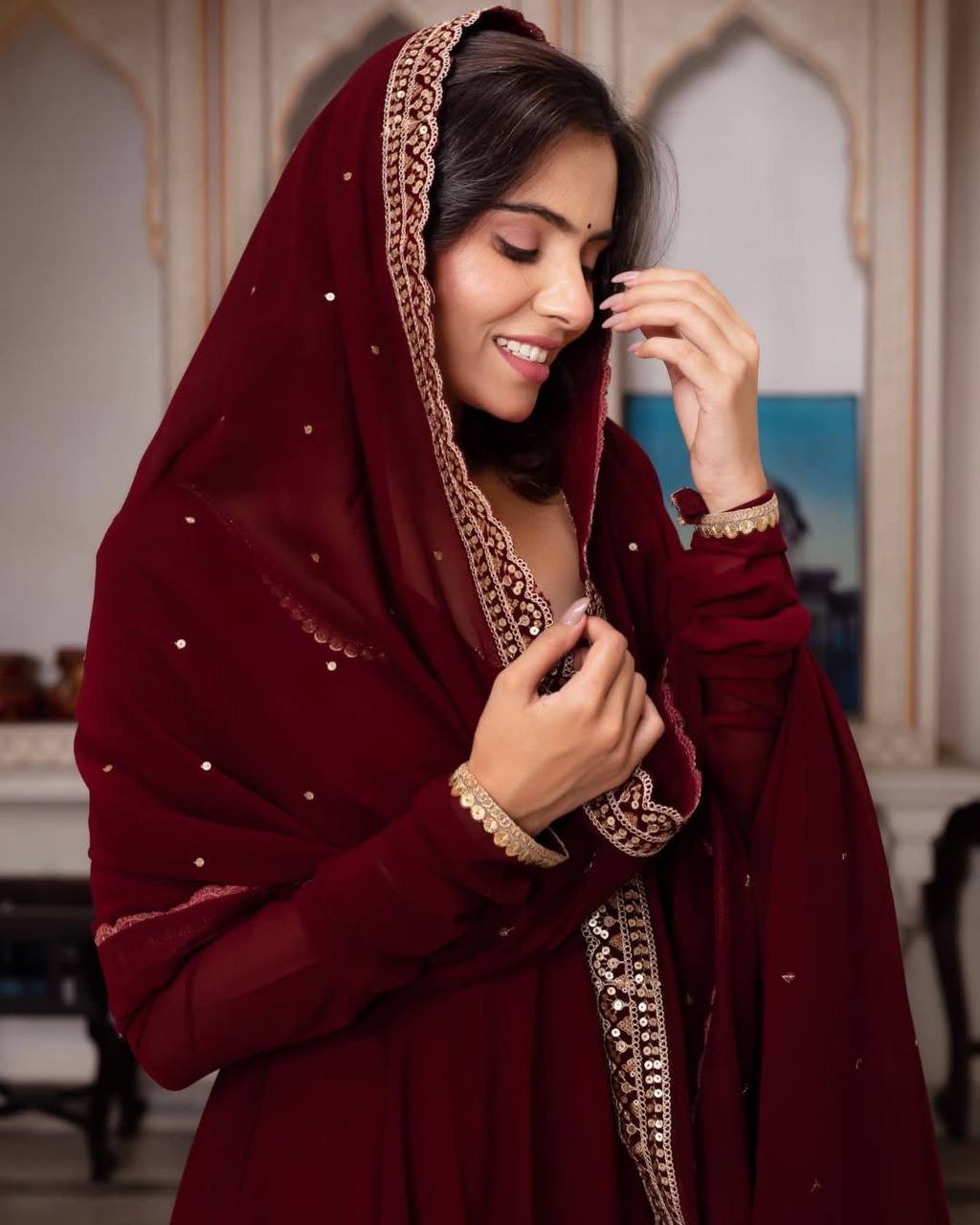 Maroon Glamorous Faux Georgette Gown with Sequined Lace Border & Dupatta ClothsVilla